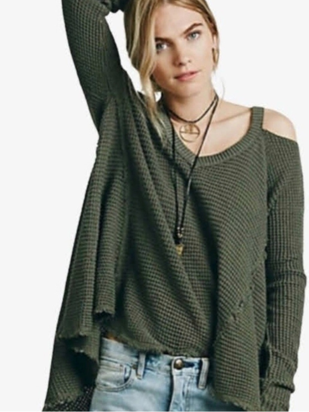 Free People Moonshine off Shoulder Waffle Knit cold Shoulder , Olive,guc, sz Xs